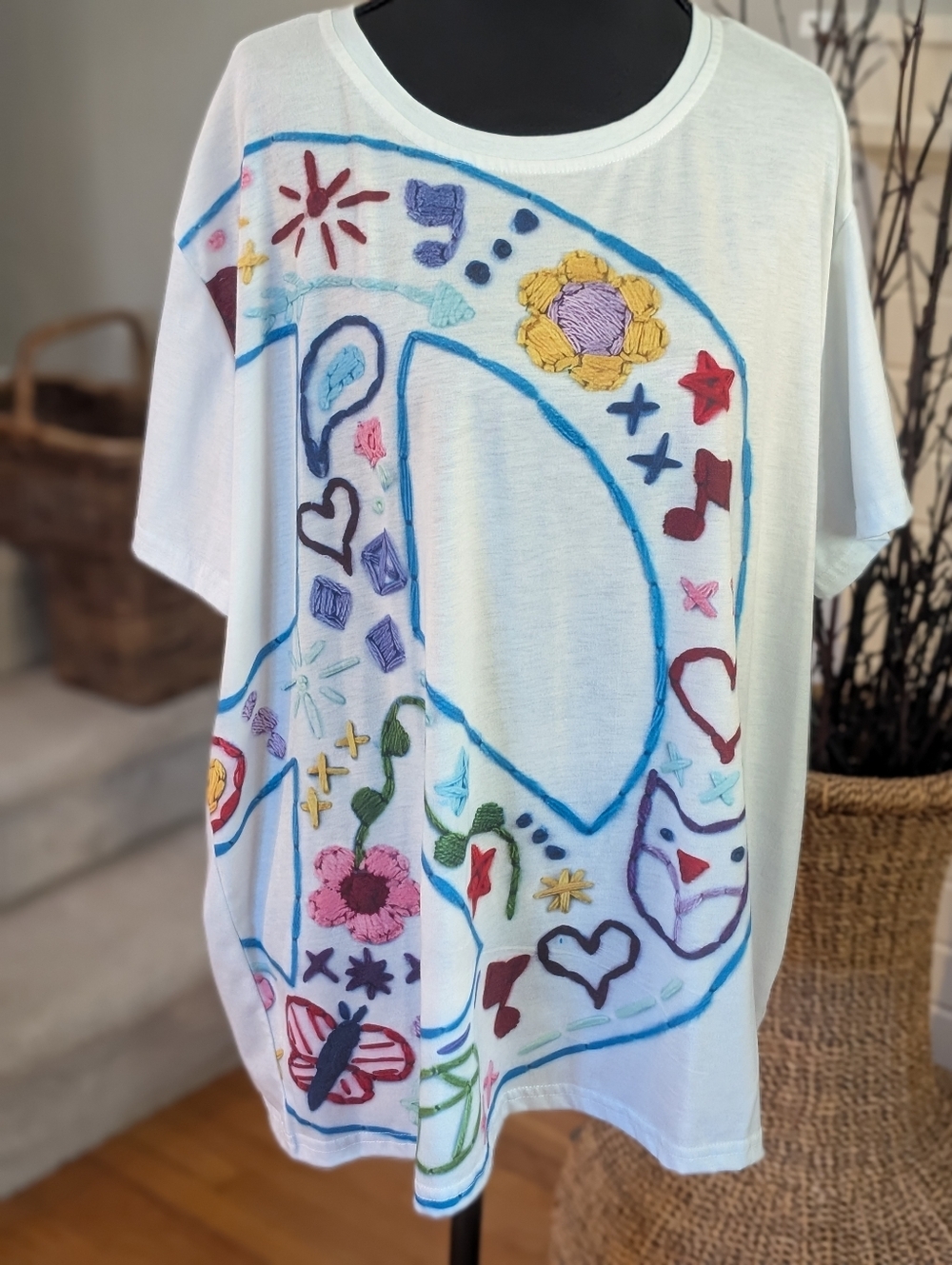 Women’s 3XL Peace Sign Graphic T-Shirt White Colorful Boho Festival Print Plus
